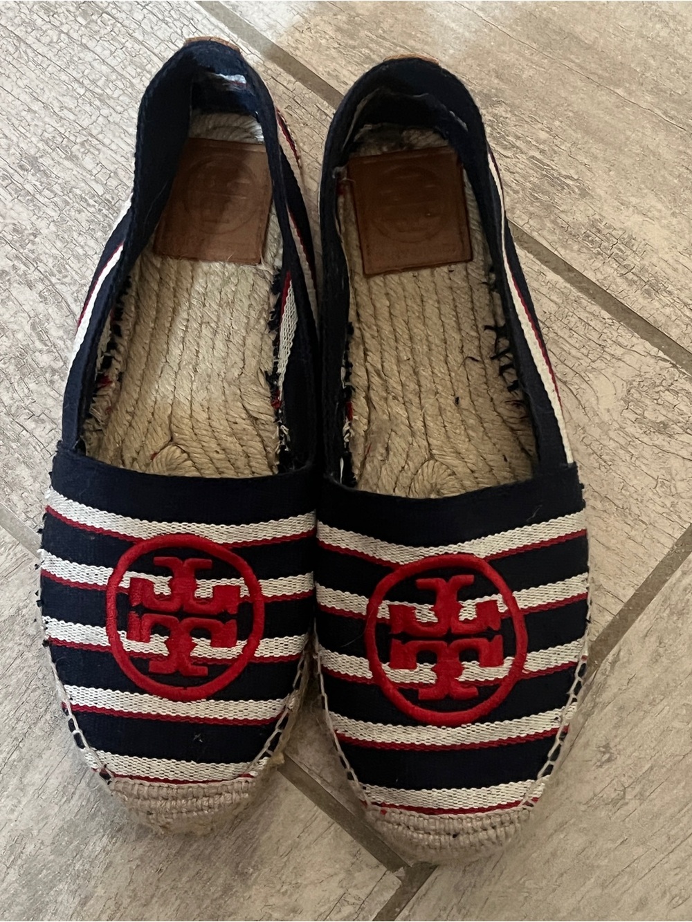 Tory Burch Navy, White & Red Striped Espadrille Flats